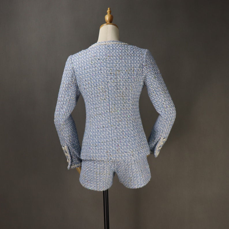 Women's Designer Inspired Pearl Button Sequined Custom Made Tweed Shorts/Skirt Suit