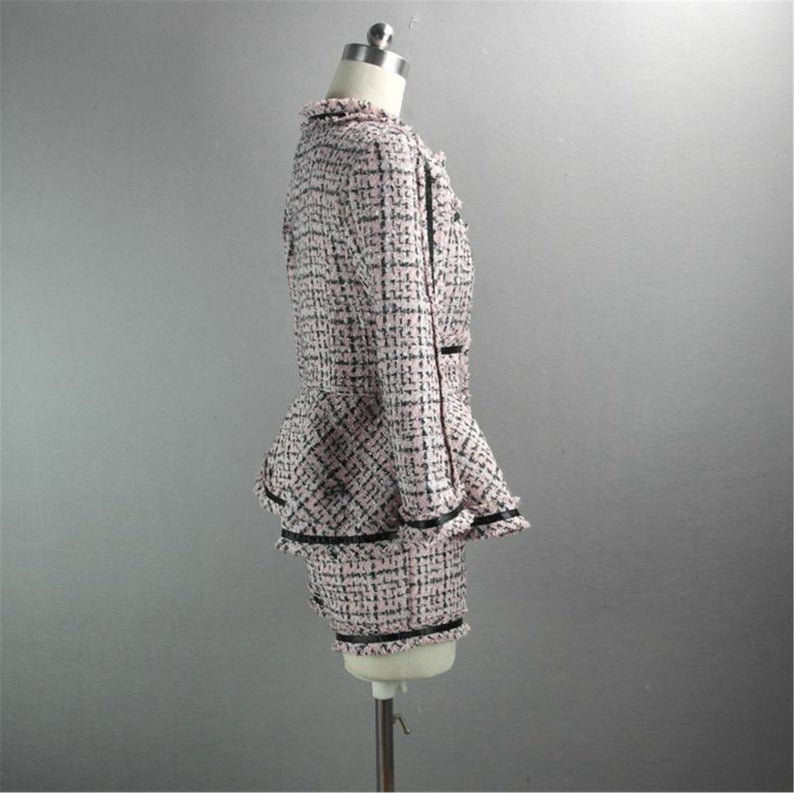 Women's Designer Inspired CUSTOM MADE Hand Made Checked Tweed Jacket Coat Blazer + Shorts Pink