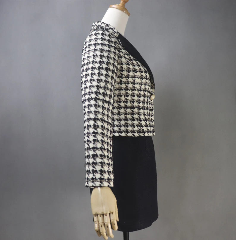 Tailor Made Women Suit Houndstooth Short Tweed Blazer Coat+ Dress