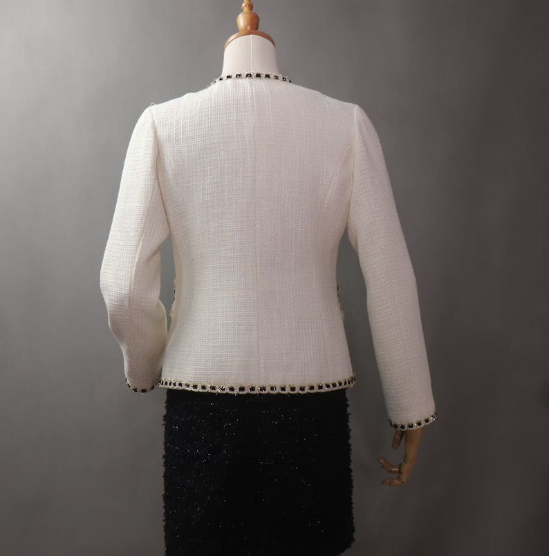 Women's CUSTOM MADE White Tweed Coat Blazer UK CUSTOMER SERVICE! Coat And Sheath dress sold separately. Women's CUSTOM MADE White Tweed Coat Blazer - We offer Shorts, Skirts, Trousers for the suit. The coat is suits to any dress like sheath dress. Designed with rose and front pocket. Our tailor will make as per customer requirement like with pocket, sleeveless, without pocket etc.