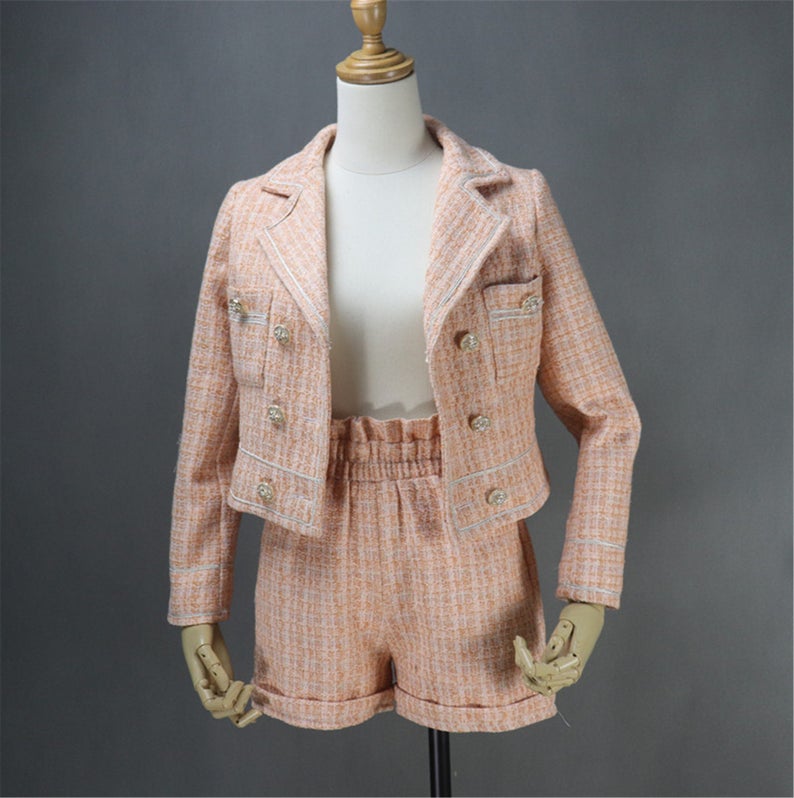 Hand Made Light Orange Custom Made Tweed Shorts/Skirt Suit