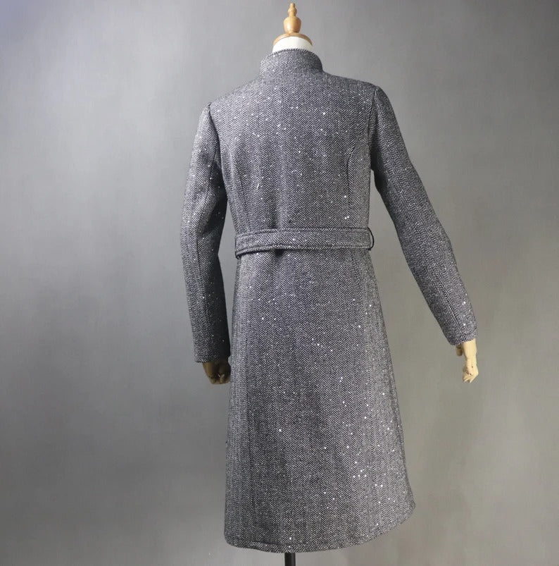 Women's Winter Tailor MADE Sequinned Tweed Belted Long Warm Trench Coat Grey UK CUSTOMER SERVICE! Women's Winter Tailor MADE Sequinned Tweed Belted Long Warm Trench Coat Grey- Grey warm coat can wear for Winter season and Autumn season. Feel comfort and elegant. Sequinned Style Long Sleeves Long belt Front pocket Pearl Button Collar type Neck