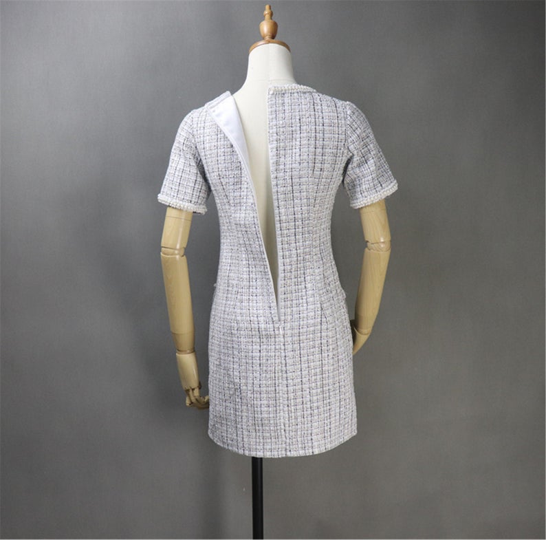 Women's Custom Made Hand Sewn Pearls Fitted Tweed Dress with Pockets UK CUSTOMER SERVICE! Women's Custom Made Hand Sewn Pearls Fitted Tweed Dress with Pockets, can wear it for ceremony, college inauguration, official use and outside. All items are made to order. Please advise your height, weight and body measurements ( Bust, shoulder, Sleeves, Waist and Length etc). Our tailors will make the order for you! Materials: Tweed