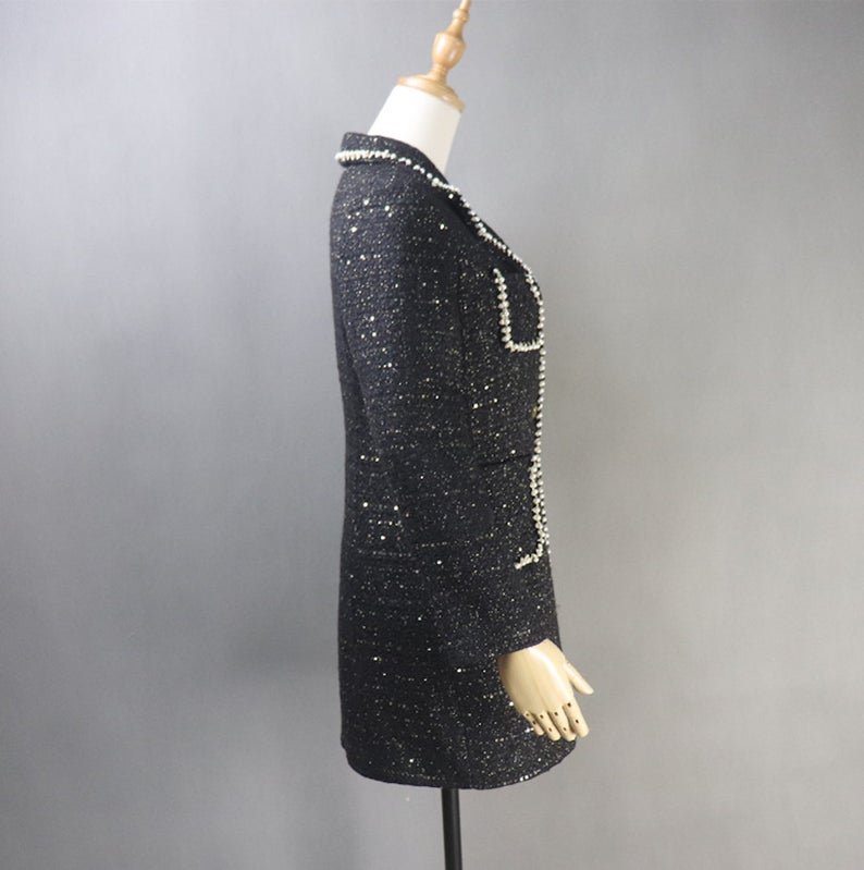 ailor Made Tweed Pearls Black Blazer Mid Length / Long Sequinned Coat for Women UK CUSTOMER SERVICE! Tailor Made Tweed Pearls Black Blazer Mid Length / Long Sequinned Coat for Women, can worn for ceremony, inauguration and official use. Its no machine washable, dry cleaning and feel more comfort to wear. All items are made to order. Please advise your height, weight and body measurements ( Bust, shoulder, Sleeves, Waist and Length etc). Our tailors will make the order for you! HandMade Materials: Tweed