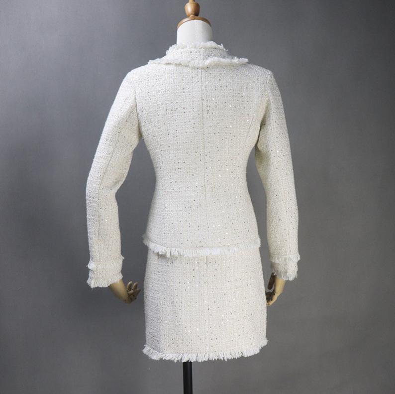 White Jacket Coat Blazer+Shorts/Skirts/Trousers for Women's CUSTOM MADE Sequinned vintage Buckle