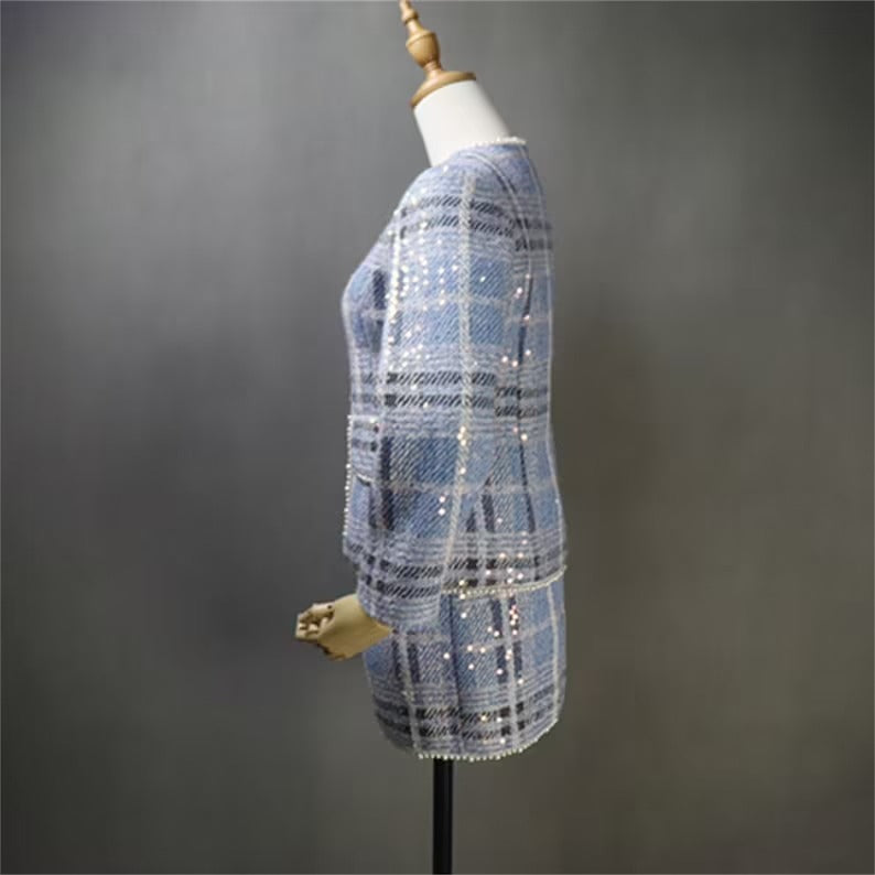 Women's Sequined Blue Check Tweed Suits And Coat UK CUSTOMER SERVICE! Women's Sequined Blue Check Tweed Suits And Coat - Sequined Suits and Coat have unique style. We offer Shorts, Skirts, Trousers for the suit. Our tailor will make as per customer requirement like with pocket, sleeveless, without pocket etc. All items are made to order with very experienced tailors. Please advise your height, weight and body measurements