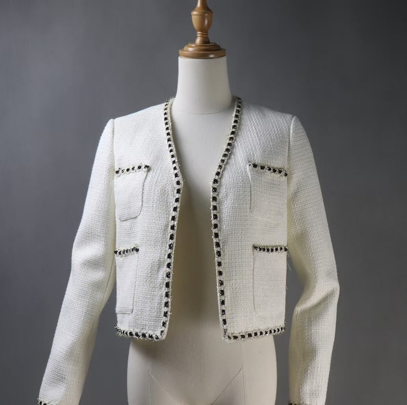 Women's Tailor MADE White Trim Short Suit/Skirt *Custom Made* UK CUSTOMER SERVICE! Women's Tailor MADE White Trim Short Suit/Skirt - V neck design with pockets. Suits and Coat have unique style. Can worn for inauguration, party ,wedding , events and ceremonies. We offer Shorts, Skirts, Trousers for the suit. Our tailor will make as per customer requirement like with pocket, sleeveless, without pocket etc.
