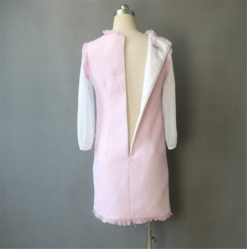 Womens Designer Inspired Custom Made Long Sleeves Tweed Dress Pink
