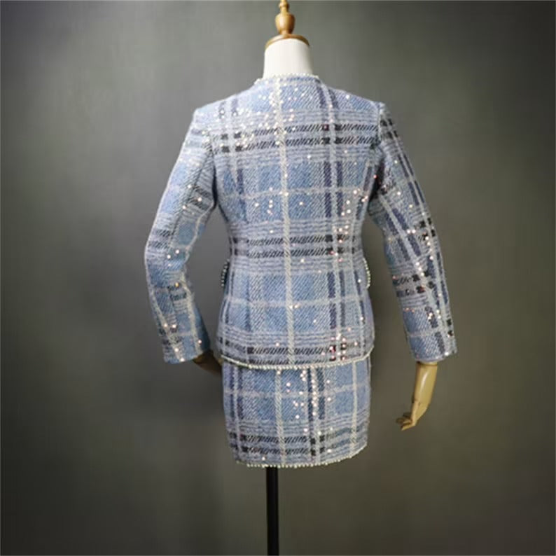 Women's Sequined Blue Check Tweed Suits And Coat UK CUSTOMER SERVICE! Women's Sequined Blue Check Tweed Suits And Coat - Sequined Suits and Coat have unique style. We offer Shorts, Skirts, Trousers for the suit. Our tailor will make as per customer requirement like with pocket, sleeveless, without pocket etc. All items are made to order with very experienced tailors. Please advise your height, weight and body measurements