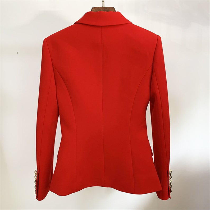 Women's Luxury Fitted Blazer Golden Lion Buttons Coat red UK CUSTOMER SERVICE! Women's Luxury Fitted Blazer Golden Lion Buttons Coat red - Suit for spring, summer, fall and winter. Classic and Unique design will make you look more charming when you dress it in any professional occasion. The Blazer fitted jacket has a golden button frontage with single button closure. Polyester ,Fastening: Button. Slim Fit. Long Sleeve.