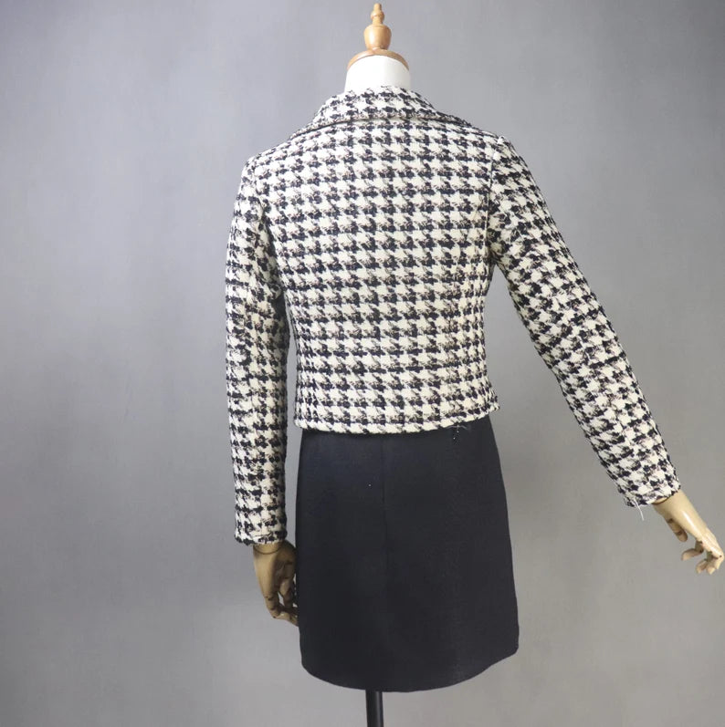 Tailor Made Women Suit Houndstooth Short Tweed Blazer Coat+ Dress