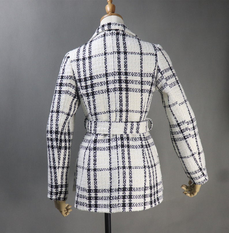 Tweed Checked Double Breasted Coat White *Customized Size* UK CUSTOMER SERVICE! Tweed Checked Double Breasted Coat White - This is front pocket with pearl button and front tie belt, Long Sleeves, sliver lined with black and white checked tweed fabric. Can worn winter time , outside and autumn season.