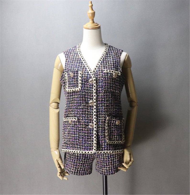 Custom Made Hand Made Asymmetric Trim Pockets Tweed Vest + Shorts Media