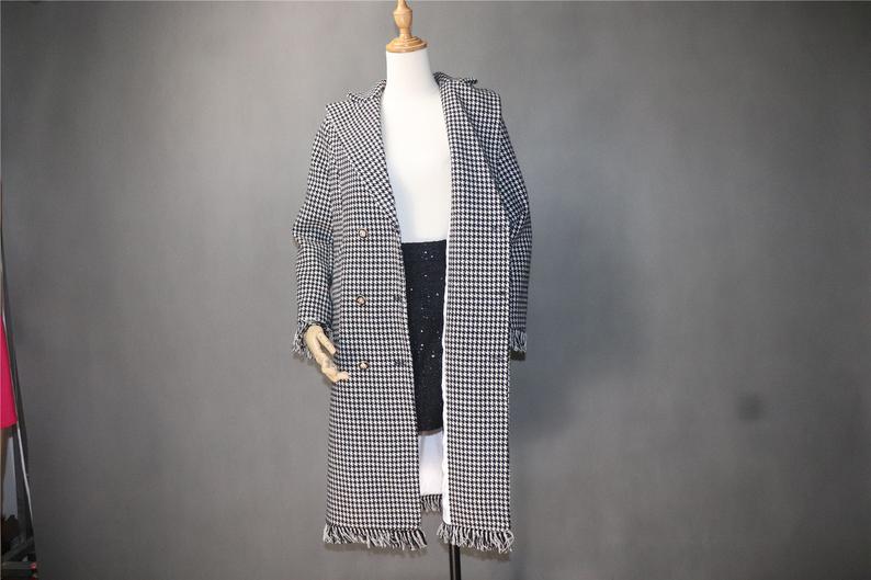 Womens Long Coat CUSTOM MADE Houndstooth Black Checked Wool Blend Tweed UK CUSTOMER SERVICE! Womens Long Coat CUSTOM MADE Houndstooth Black Checked Wool Blend Tweed-All items are made to order. Please advise your height, weight and body measurements ( Bust, shoulder, Sleeves, Waist and Length etc). Our tailors will make the order for you! Materials: Wool blend (20% Wool)
