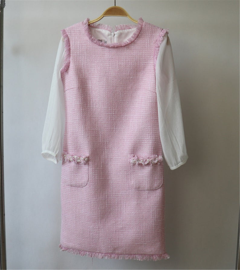 Womens Designer Inspired Custom Made Long Sleeves Tweed Dress Pink