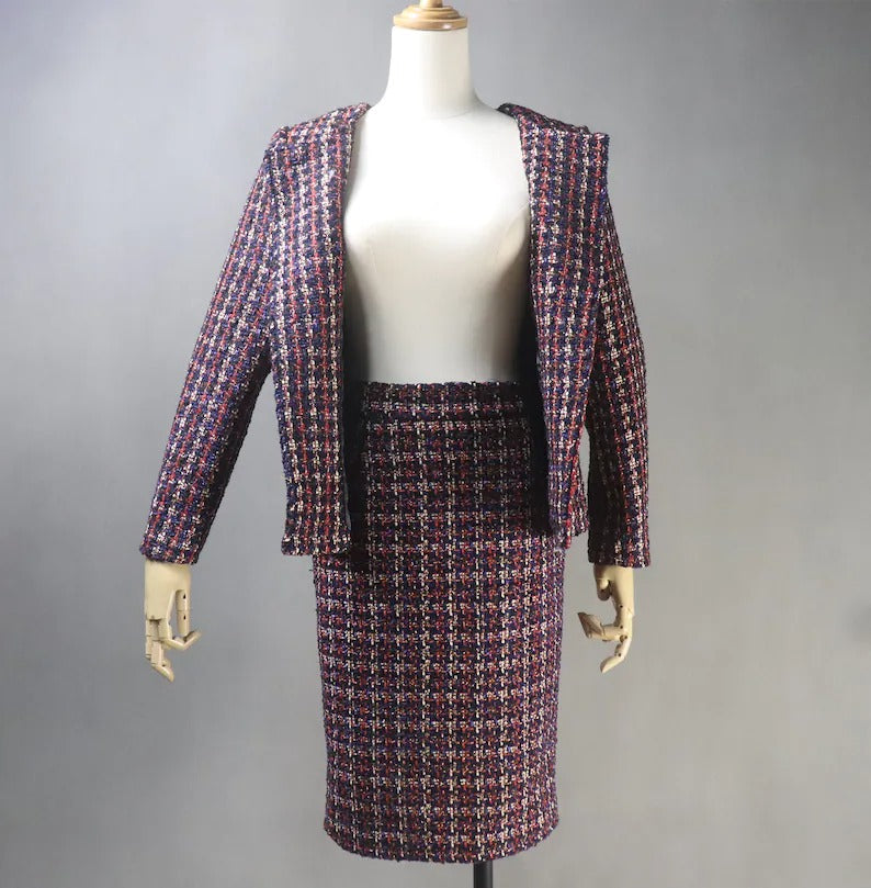 Tailored Women's Dark Red Checked Jacket Coat with Skirt UK CUSTOMER SERVICE! Tailored Women's Dark Red Checked Jacket Coat with Skirt- Red checked suits with pant and jeans. Designed with front pocket and silver buttons. Tweed fabric. Dry clean and no machine wash. Can worn for ceremony, college Inauguration , Party, Night Out and Evening Friends with Dinner. No Machine washable. We offer Shorts, Skirts, Trousers for the suit. "Black Sheath dress and Jacket was sold separately".