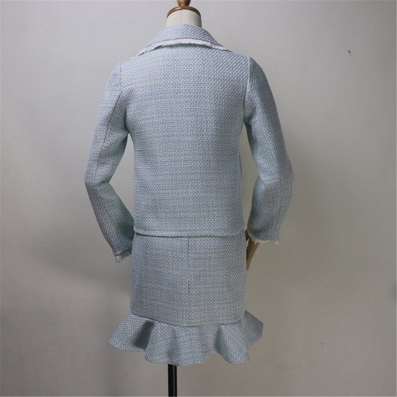 Womens Designer Inspired Custom Made Tweed Short Blazer + Fishtail Mermaid Skirt Suit