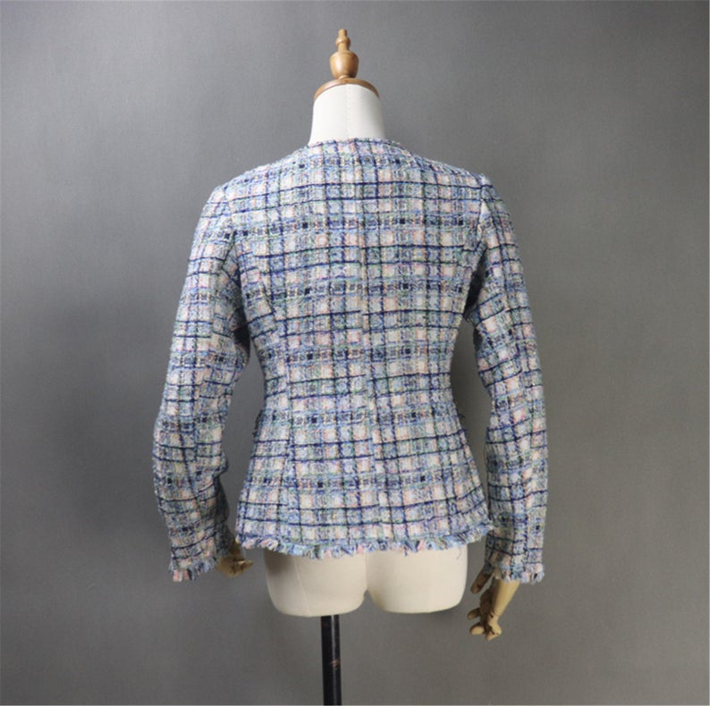Women CUSTOM Blazer Tweed Checked Pattern Blue Jacket Coat Quick International tracking delivery! Women CUSTOM Blazer Tweed Checked Pattern Blue Jacket Coat , it has Golden button with two pockets , can wear it for official use, Casual daily wear, College Inauguration ,it gives more comfort and confident to wear. Blazer for women sharply tailored and effortlessly smart.