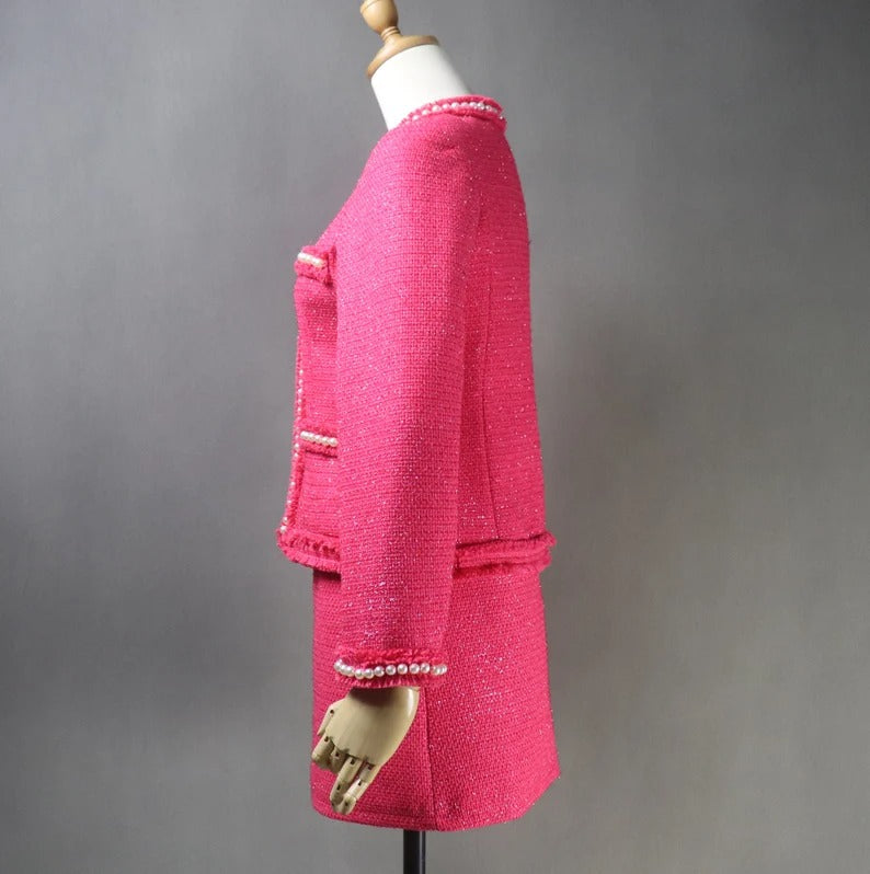 Women's HAND MADE Hot Pink Pearls Decoration Jacket Coat Blazer+Shorts/Skirts/Trousers UK CUSTOMER SERVICE! Women's Tailor CUSTOM MADE Hot Pink Pearls Decoration Jacket Coat - We offer Blazer+ Shorts/Skirts/Trousers. Hot pink colour designed with pearl button. Front pocket with fully lined jacket and skirt. Can worn for college inauguration, party, events, wedding wear, outside Dinner, Friends party, Church wear and night out wear. Dry clean and no machine wash.