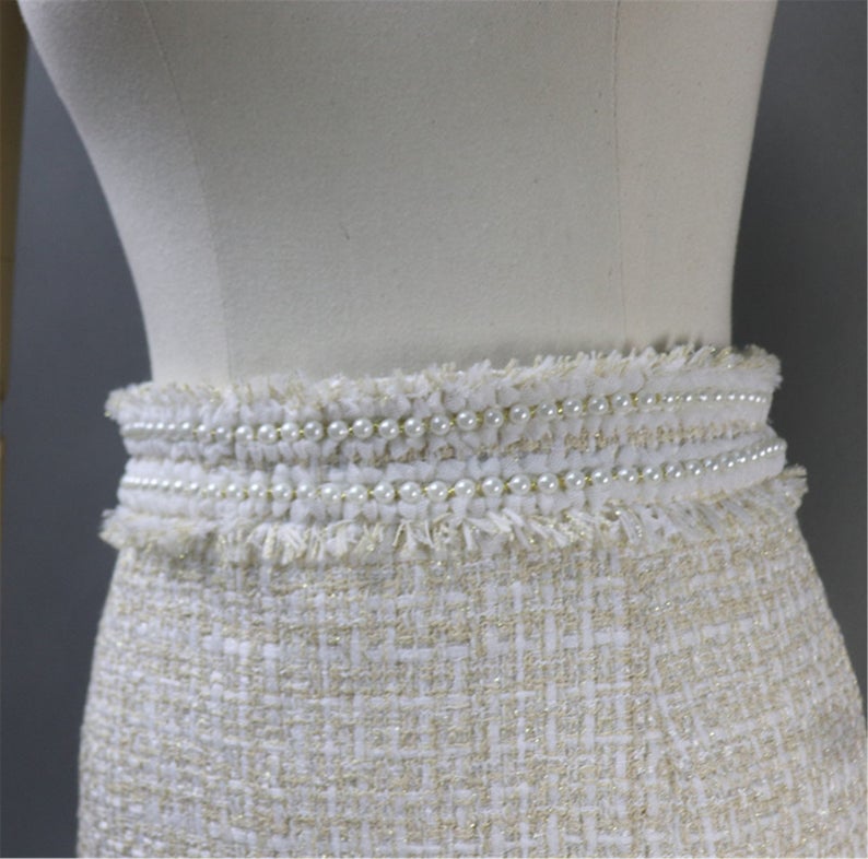 Women CUSTOM Made Tweed Pearl Decoration Beige Mini/ Midi Skirt - Fashion Pioneer