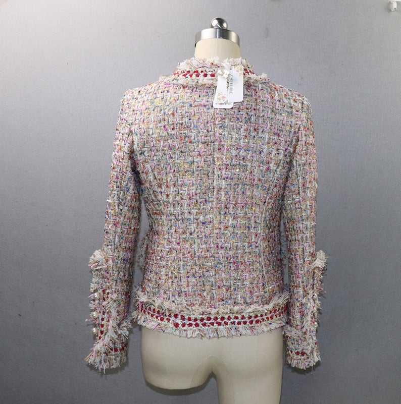 Women's Tassel Pearl Button Tweed Jacket Coat *Customized Size* UK CUSTOMER SERVICE! Women's Tassel Pearl Button Tweed Jacket Coat Blazer - Four front pockets with pearl buttons. Suitable for Winter, outside wear , night wear and autumn season. Casual jacket for women with long sleeves. Jacket fashionable, breathable and comfortable, Can be paired with various bottoms and goes great with skirts, dresses, jeans.