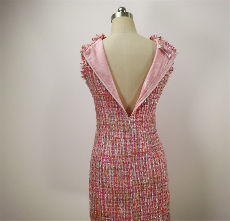 Women Custom Made Round Neck Sleeveless Tweed Sheath Dress Pink