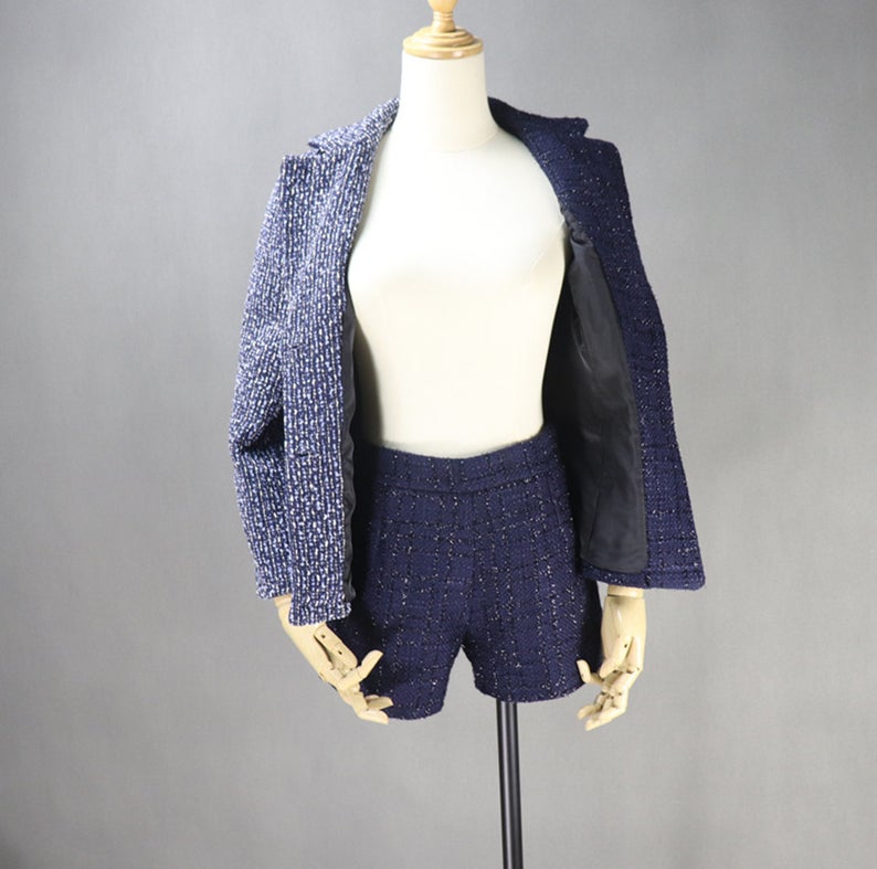 Custom Made Check Tweed Colour Crash Shorts/Skirt Suit