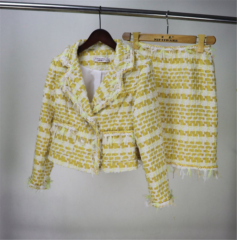 Womens Designer Inspired Custom Made Yellow Tweed Blazer + Skirt Suit