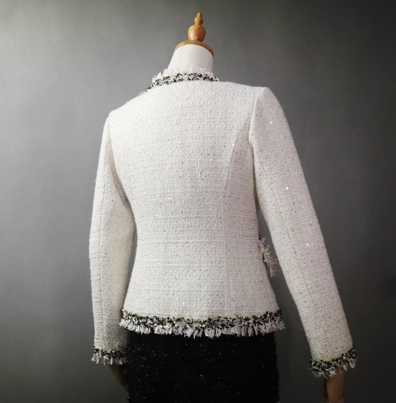 Pearl Buttons Fringe Cream Tweed Jacket Coat Blazer For Women's UK CUSTOMER SERVICE! Coat And Sheath dress sold separately. Pearl Buttons Fringe Cream Tweed Jacket Coat Blazer - We offer Shorts, Skirts, Trousers for the suit. The coat is suits to any dress like sheath dress. Pearl buttons with tassel design. Our tailor will make as per customer requirement like with pocket, sleeveless, without pocket etc.
