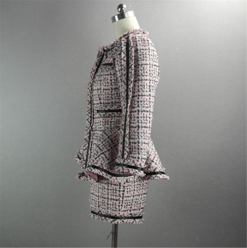 Women's Designer Inspired CUSTOM MADE Hand Made Checked Tweed Jacket Coat Blazer + Shorts Pink