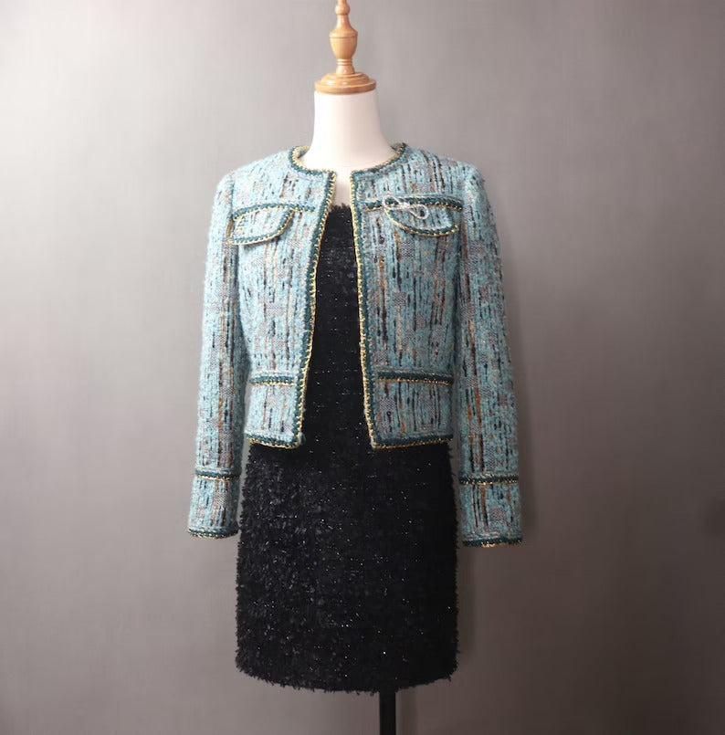 Blue Multi-Color Tweed Jacket Coat Blazer For Womens UK CUSTOMER SERVICE! Coat And Sheath dress sold separately. Blue Multi-Color Tweed Jacket Coat Blazer - We offer Shorts, Skirts, Trousers for the suit. The coat is suits to any dress like sheath dress. Our tailor will make as per customer requirement like with pocket, sleeveless, without pocket etc.