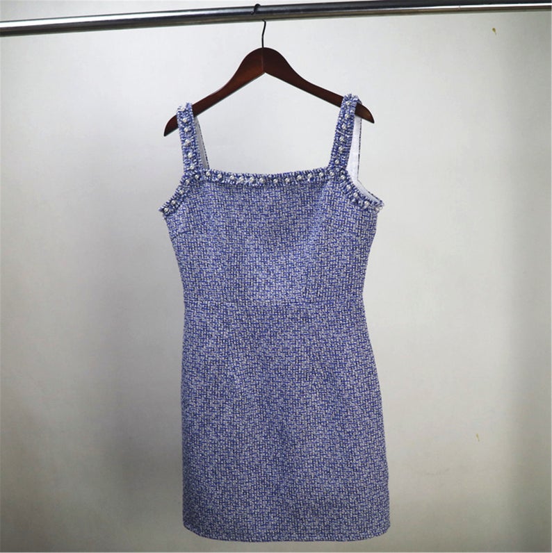 Sheath Custom Made Blue Tweed Mini/ Midi Dress UK CUSTOMER SERVICE! Sheath Custom Made Blue Tweed Mini/ Midi Dress, This sweet and simple sleeveless dress will be perfect for hot days thanks to its comfortable stylish cut and soft linen-rich texture. It has a loose cut for a casual and feminine look. You can cover with suitable jacket or cardigan or with sleeveless.