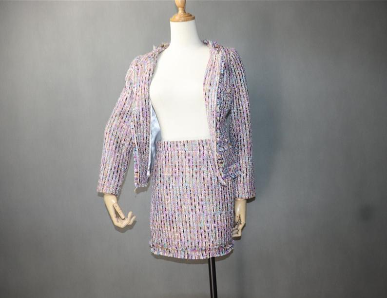 Women's Designer Inspired CUSTOM MADE Multi-Colour Tweed Jacket Coat Blazer + Skirt/ Shorts Suit 3 Colou