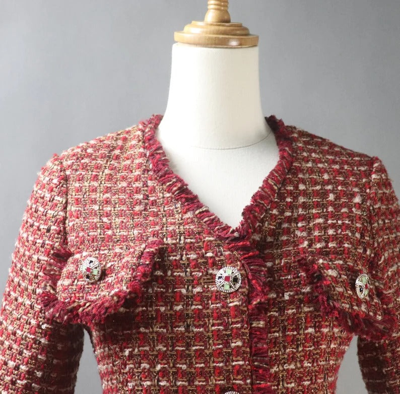 Women's HandMade Dark Red Tweed Jacket Coat Blazer UK CUSTOMER SERVICE! Women's HandMade Dark Red Tweed Jacket Coat Blazer -We offer Shorts, Skirts, Trousers for the suit. Long Sleeves with pockets, Dry Cleaning. Tailored Fit With Red tweed Detailing, Perfect For Any Smart Casual Or Formal Occasion.