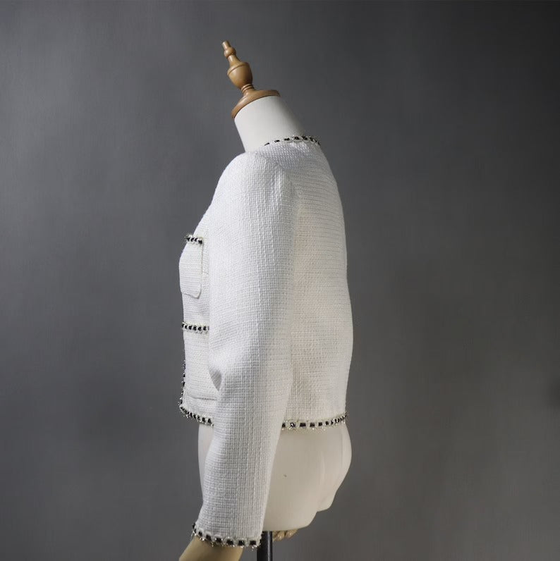 Women's Tailor MADE White Trim Short Suit/Skirt *Custom Made* UK CUSTOMER SERVICE! Women's Tailor MADE White Trim Short Suit/Skirt - V neck design with pockets. Suits and Coat have unique style. Can worn for inauguration, party ,wedding , events and ceremonies. We offer Shorts, Skirts, Trousers for the suit. Our tailor will make as per customer requirement like with pocket, sleeveless, without pocket etc.