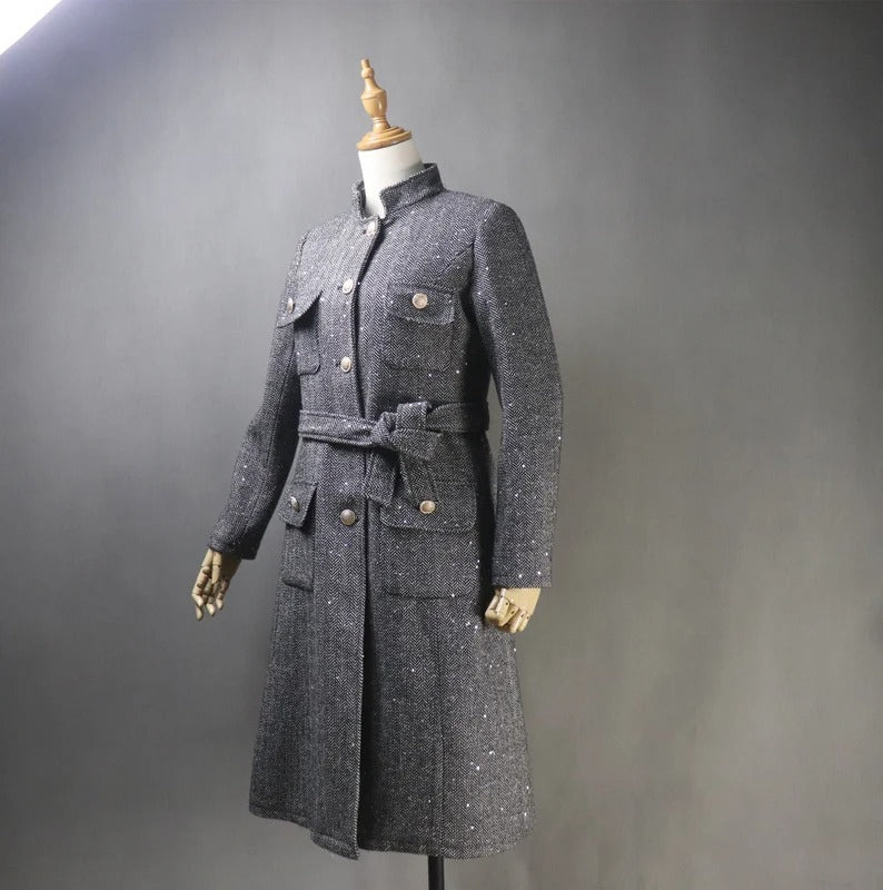 Women's Winter Tailor MADE Sequinned Tweed Belted Long Warm Trench Coat Grey UK CUSTOMER SERVICE! Women's Winter Tailor MADE Sequinned Tweed Belted Long Warm Trench Coat Grey- Grey warm coat can wear for Winter season and Autumn season. Feel comfort and elegant. Sequinned Style Long Sleeves Long belt Front pocket Pearl Button Collar type Neck
