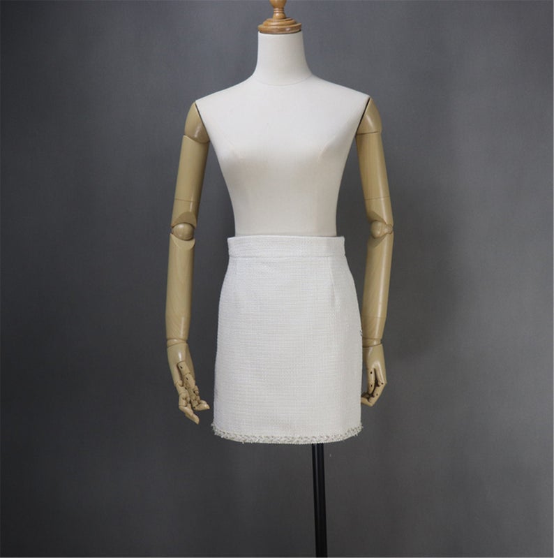 Custom Made Golden Sparkle Trim Tweed Skirt Suit White