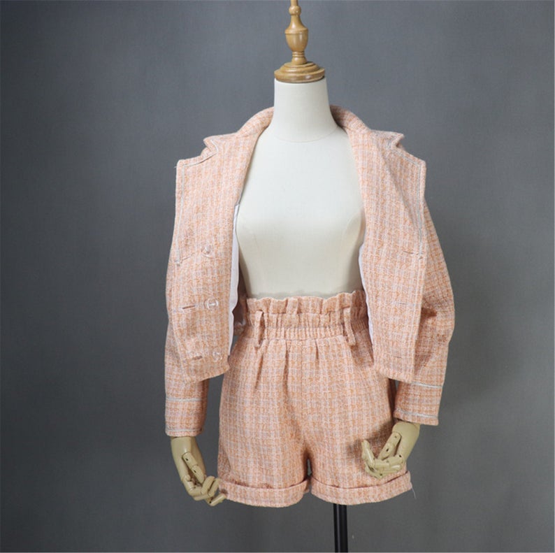 Hand Made Light Orange Custom Made Tweed Shorts/Skirt Suit