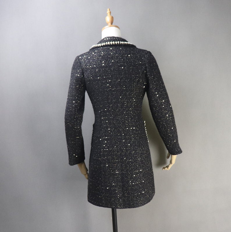 ailor Made Tweed Pearls Black Blazer Mid Length / Long Sequinned Coat for Women UK CUSTOMER SERVICE! Tailor Made Tweed Pearls Black Blazer Mid Length / Long Sequinned Coat for Women, can worn for ceremony, inauguration and official use. Its no machine washable, dry cleaning and feel more comfort to wear. All items are made to order. Please advise your height, weight and body measurements ( Bust, shoulder, Sleeves, Waist and Length etc). Our tailors will make the order for you! HandMade Materials: Tweed
