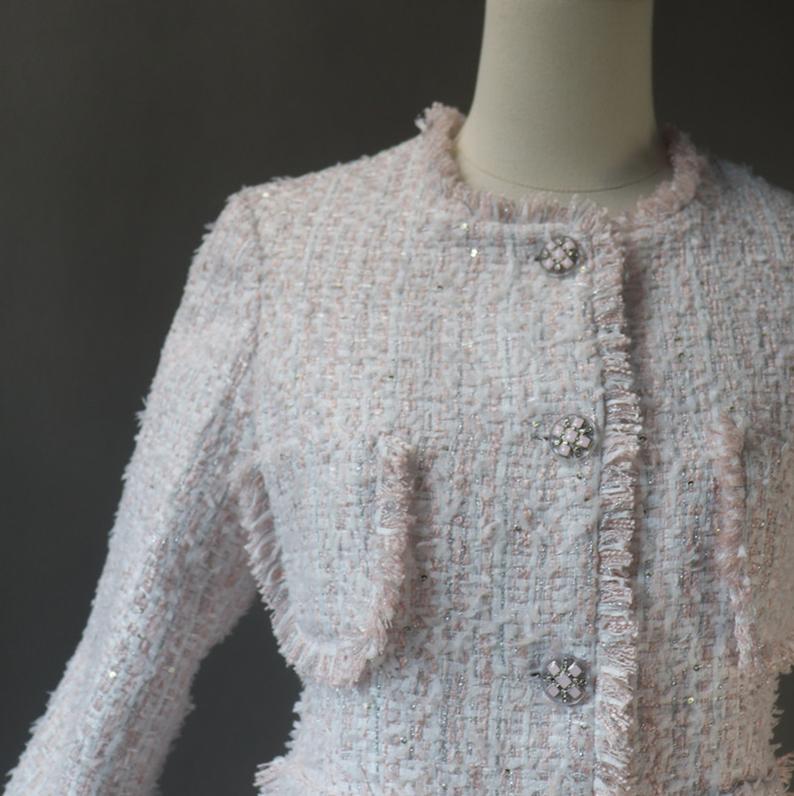 Baby Pink Tweed Jacket Coat Blazer for Women-Tailor Made or CUSTOM MADE Fringe Tassel UK CUSTOMER SERVICE Tailor Made or CUSTOM MADE Fringe Tassel Baby Pink Tweed Jacket Coat Blazer For Women-Office,casual,vacation,business,dating,party,outdoor,picnic,hiking,travel, formal, etc. Perfect to match with many clothes, it is one suit jacket can match almost all of your wardrobe.