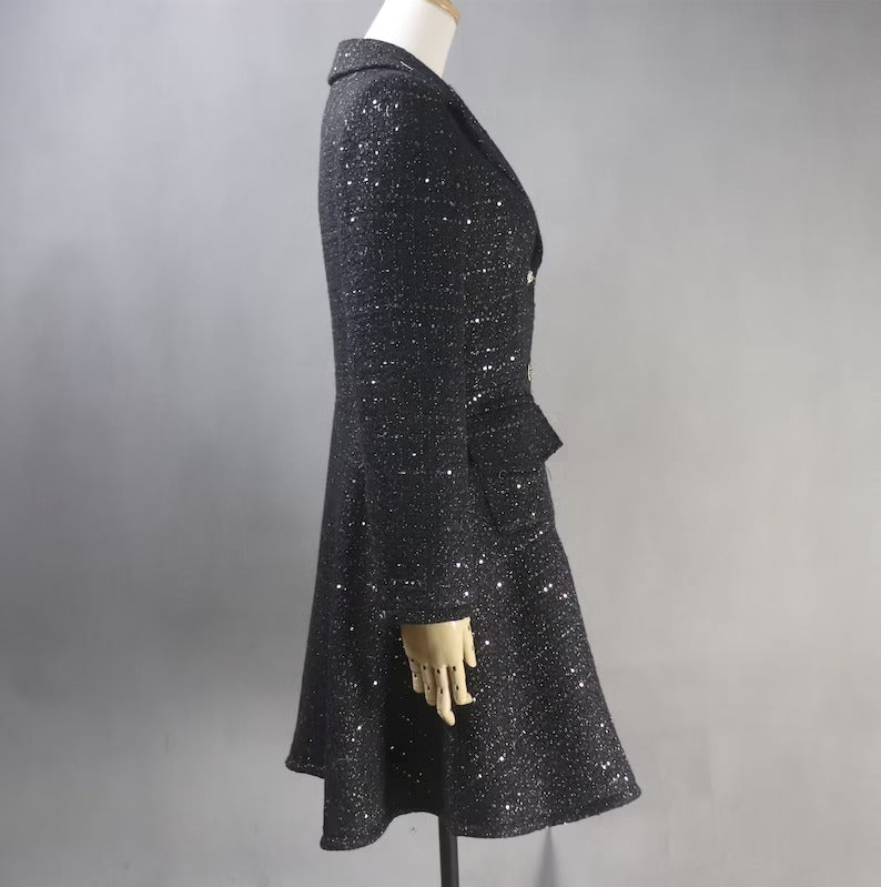Black Sequinned Flare Tweed Long Warm For Womens. Long Winter Coat,Black Winter Coat,Sequinned Long Coat,Sequin Winter long Coat,Sequin warm long coat,Warm Long Coat,Winter Long Coat,Women Long COat for Winter,sequin long coat,sequin winter coat