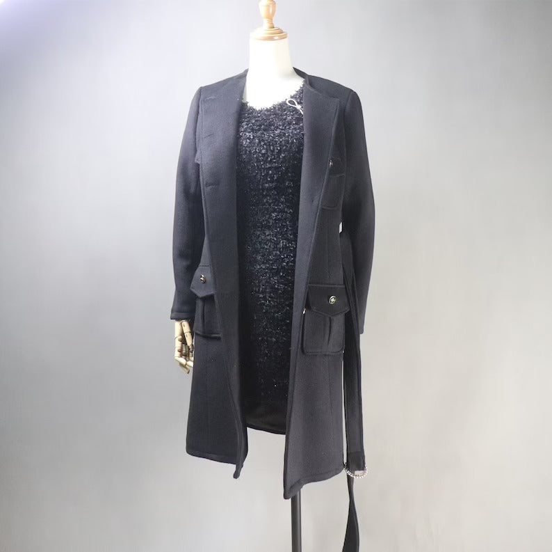 Women's Winter Tailor MADE 50% Wool Tweed Belted Long Warm Trench Coat Black - Fashion Pioneer