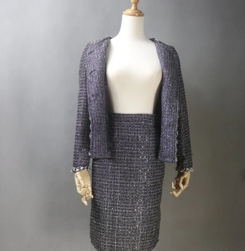 Women Custom Made Tweed Dark Grey Jacket + Dress/Shorts/ Pencil Skirt Suit - Fashion Pioneer