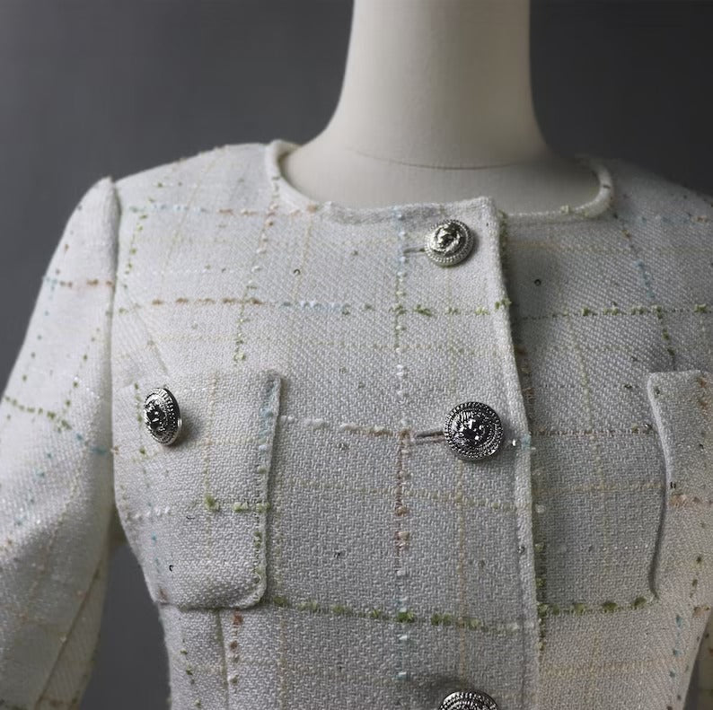 Women's Tailor MADE Check White Blazer *Custom Made* UK CUSTOMER SERVICE! Women's Tailor MADE Check White Blazer - Checked white tweed design with pockets. Suits and Coat have unique style. Can worn for inauguration, party ,wedding , events and ceremonies. We offer Shorts, Skirts, Trousers for the suit. Our tailor will make as per customer requirement like with pocket, sleeveless, without pocket etc.