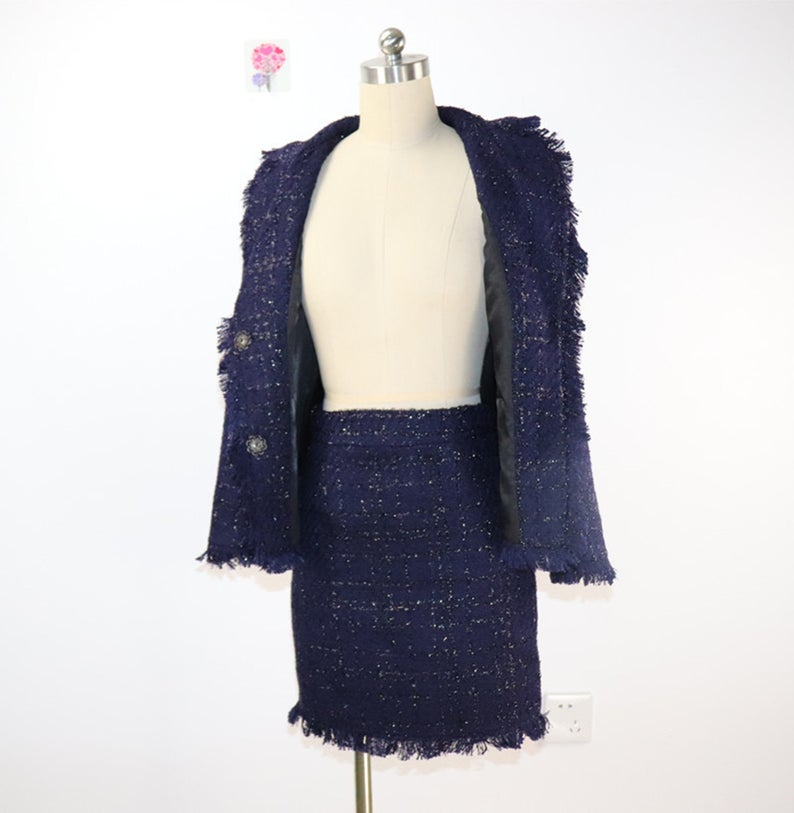 Tweed Tassel Blazer Custom Made Sequined + Skirt Suit Navy UK CUSTOMER SERVICE! Tweed Tassel Blazer Custom Made Sequined + Skirt Suit Navy - It is a lovely fit and the shoulders of the blazer are very lightly padded for a strong silhouette. A chic and sophisticated multicolour jacket. This jacket will look great worn for a smart event or even casually.