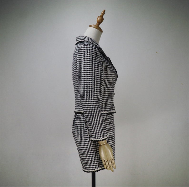 Custom Made Checked Pattern Tweed Crop Blazer + Shorts/Skirt Suit
