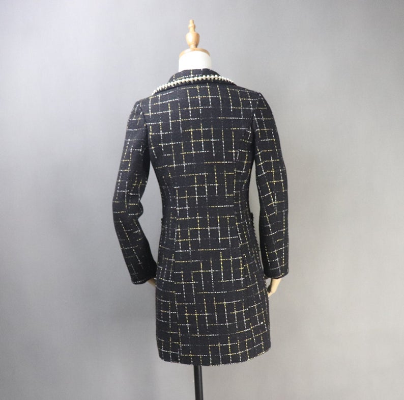Tailor Made Tweed Pearls Black Checked Blazer Mid Length / Long Coat for Women UK CUSTOMER SERVICE! Tailor Made Tweed Pearls Black Checked Blazer Mid Length / Long Sequinned Coat for Women, can worn for ceremony, inauguration and official use. Its no machine washable, dry cleaning and feel more comfort to wear.