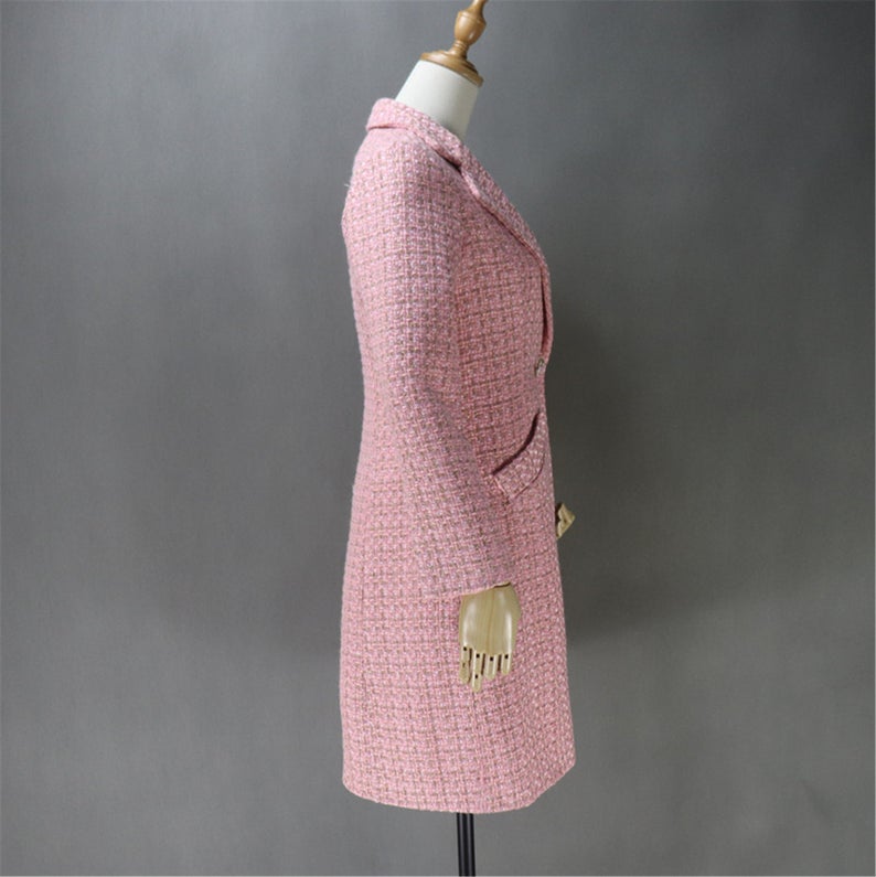 Pink Tweed Sheath Dress + Long Coat (20% discount) - This is tweed fabric, seasonal fabric, can wear all time. Back zip with long pink coat. Look gorgeous and feel comfort to wear. Can wear official use, Business use ,ceremony and inauguration. As per customer requirement, our tailor will made change in pink tweed fabric and coat.