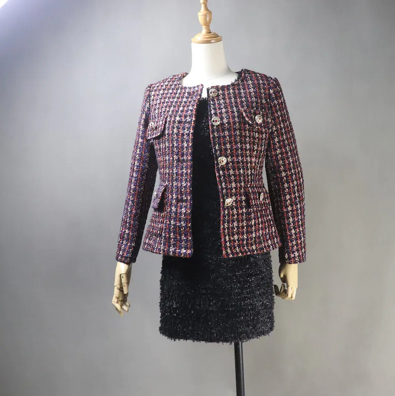 Tailored Women's Dark Red Checked Jacket Coat with Skirt UK CUSTOMER SERVICE! Tailored Women's Dark Red Checked Jacket Coat with Skirt- Red checked suits with pant and jeans. Designed with front pocket and silver buttons. Tweed fabric. Dry clean and no machine wash. Can worn for ceremony, college Inauguration , Party, Night Out and Evening Friends with Dinner. No Machine washable. We offer Shorts, Skirts, Trousers for the suit. "Black Sheath dress and Jacket was sold separately".