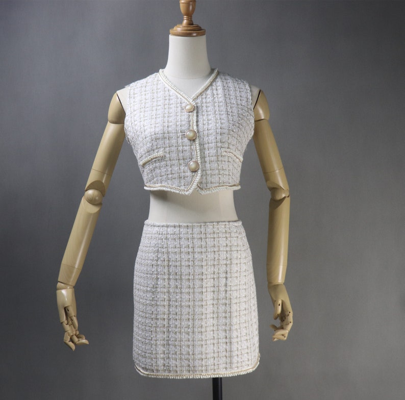 Fashion Pioneer Women's CUSTOM MADE Beige Tweed Jacket Coat Blazer + Crop Vest + Skirts 3 Pieces UK CUSTOMER SERVICE! CUSTOM MADE Blazer + Shorts/Skirts/Trousers Sequinned Jacket Coat for Women, Can worn for ceremony, Inauguration , Party, Night Out and Evening Friends with Dinner. No Machin washable. We offer Shorts, Skirts, Trousers for the suit.